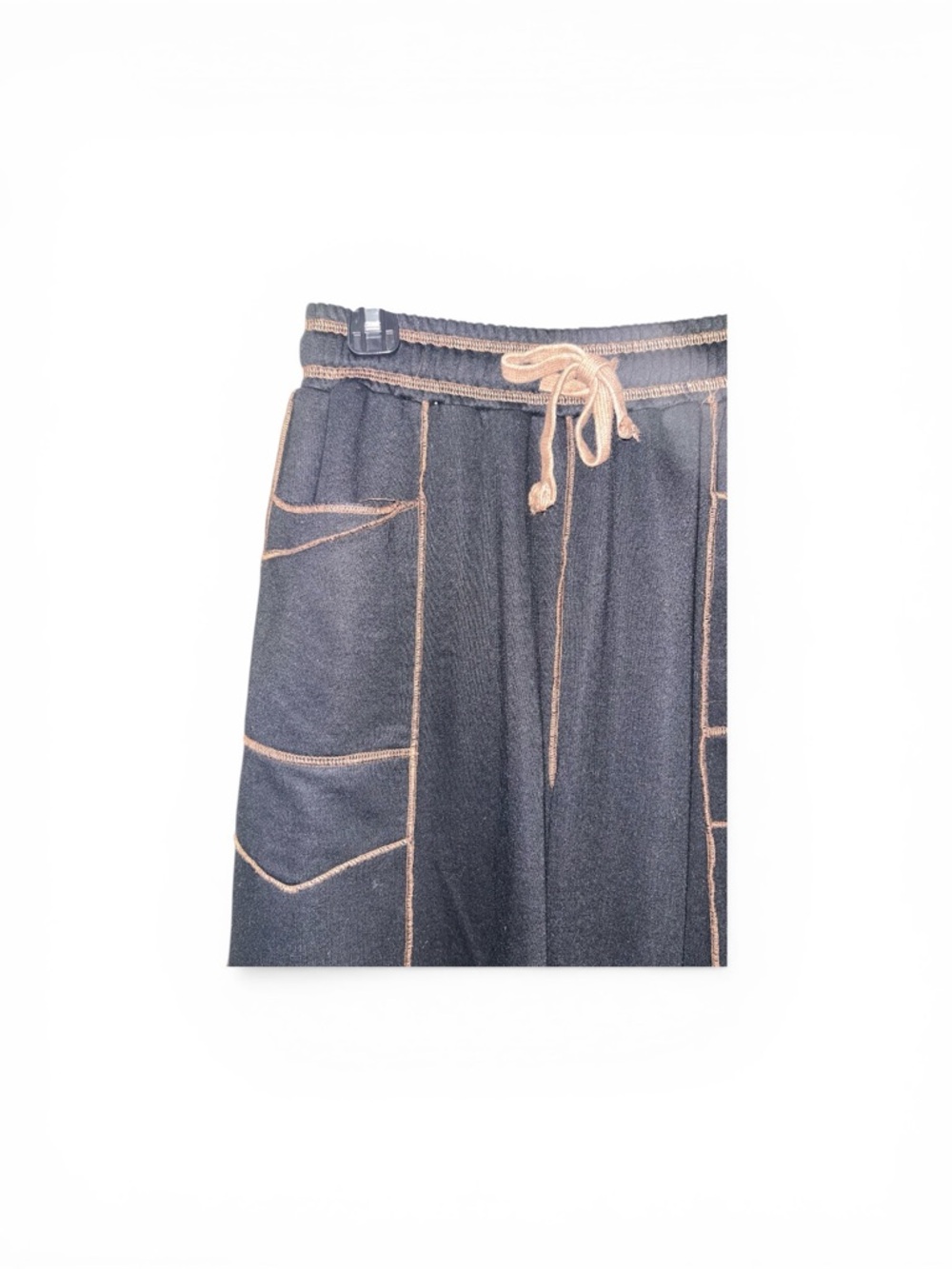 Black Wide-Leg Pants with Contrast Brown Stitching